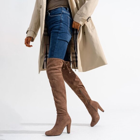 Women's Mocha Toffee Suede Inner Zipper Thigh High Over The Knee High Heel Boots - Picture 4 of 9
